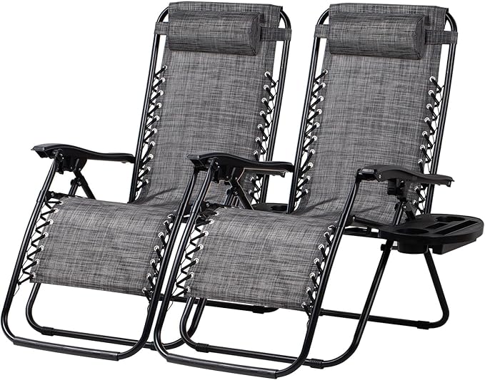 Nazhura Set of 2 Relaxing Recliners Patio Chairs Adjustable Steel Mesh Zero Gravity Lounge Chair Beach Chairs with Pillow and Cup Holder(Grey)-Ruum Studio Home