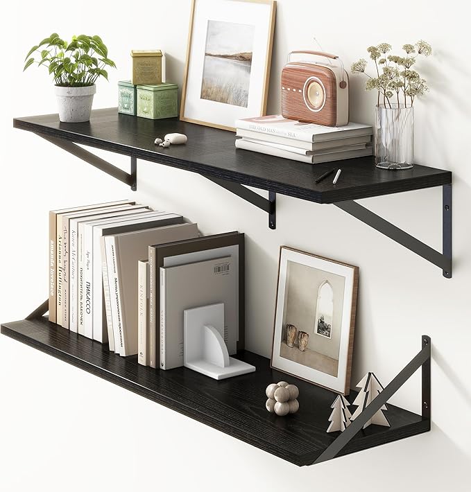 36"W x 10"D Floating Shelves, 10 Inch Deep Black Floating Shelves, Farmhouse Rustic Deep Wall Shelves for Home Decor, Wide Large Floating Shelf for Bathroom, Living Room, Kitchen, Study Room-Ruum Studio Home