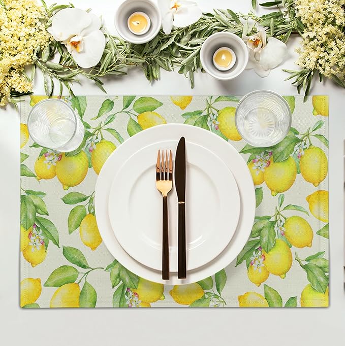 Lemon Placemats Set of 4 Summer Yellow Fruit Green Leaf Floral Linen Table Mat Rustic Farmhouse Spring Heat Resistant Non Slip Washable Place Mats for Dining Kitchen Party Decor-Ruum Studio Home