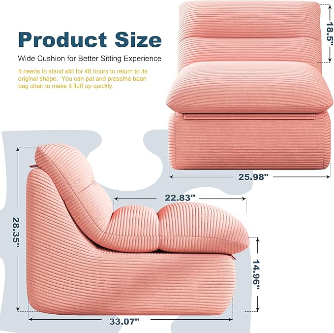 Misolant Bean Bag Chairs，Big Corduroy Fabric Sofa Bean Bag Chair for Adults and Teens with High-Resilience Sponge, Non-Slip Base Floor Lounge Sofa for Home, Living Room, Bedroom, Gaming Pink-Ruum Studio Home