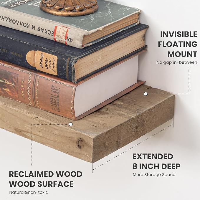 Solid Wood Floating Shelves, 8" Deep Rustic Reclaimed Barnwood Wall Hanging Floating Shelf with Invisible Heavy-Duty Metal Bracket | Wall Mounted | Farmhouse Style | 55 inches,1PC,Natural-Ruum Studio Home