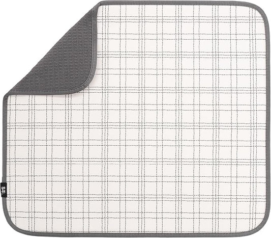 S&T INC. Dish Drying Mat, 16” x 18”, Absorbent Microfiber Kitchen Counter Mat, Dish Drying Pad for Dishes, Utensils, Pots and Pans, Large, Stitched Plaid-Ruum Studio Home