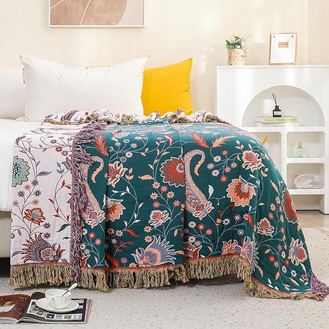Boho Large Cotton Throw Blanket 80''x90'',Ultra Soft Rustic Quilt,Sofa Throw Cover with Tassels,Farmhouse Lightweight Knitted Throw for Bed,Travel,Couch,Home Decor-Ruum Studio Home