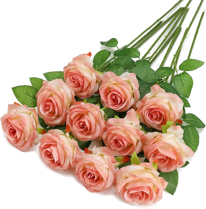 Pink Fake Roses Artificial Flowers - 10 Pcs Fake Artificial Roses Silk Flowers with Stems for Home Wedding Hotel Office Centerpiece Decor（Gradient Pink）-Ruum Studio Home