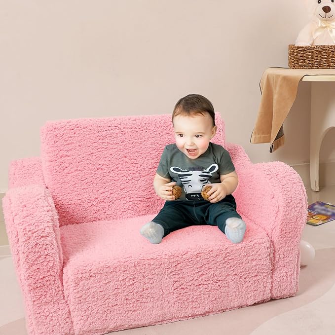 Kids Chairs for Toddler, 2-in-1 Toddler Soft Sherpa Couch Fold Out, Convertible Sofa to Lounger for Girls and Boys, Pink-Ruum Studio Home