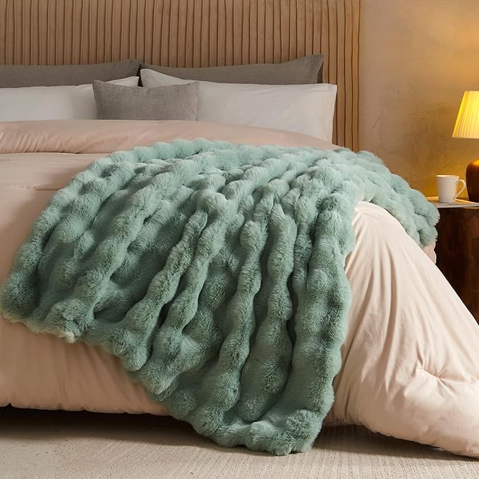 Lotus Karen Faux Fur Throw Blanket Sage Green - Big Bubble Rabbit Fluff Blanket for Couch Bed Sofa,Softest Fluffy Fuzzy Cozy Blanket,Plush Thick Furry Shaggy Warm Blankets for Women,90x90 Inches-Ruum Studio Home