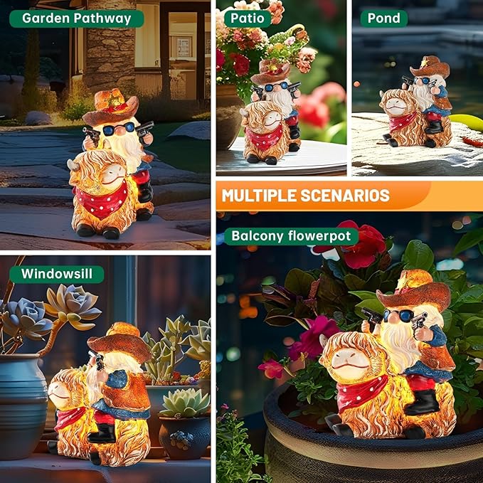 Solar Highland Cow Gnome Statue - Hand-Painted Resin Outdoor Decor for Garden & Yard, Unique Mothers Day Birthday Gifts for Grandma Women (Weatherproof)-Ruum Studio Home