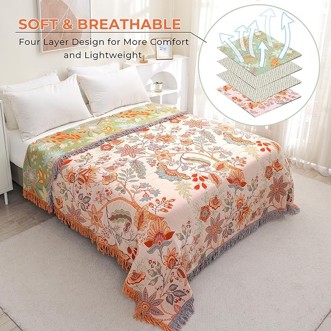 Boho Fall Throw Blanket for Bed，100% Ultra Cotton Soft Breathable Bed Throw Floral Printed Farmhouse Decor Rustic Bed Throws for Couch Sofa Quilt 90" x 98"-Orange& Sage Green-Ruum Studio Home