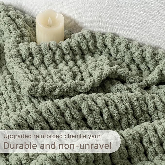 Chunky Knit Blanket Throw, 100% Hand Knit Throw Blanket Handmade Chenille Cable Knit Throw for Couch, Stylish Cozy Soft Rope Knot Crochet Blanket for Home Decor, Sage Green, 60x80 Inches-Ruum Studio Home