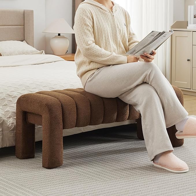 43.3" Bedroom Bench, Upholstered Entryway Bench, Modern End of Bed Ottoman with Solid Wood Legs and Adjustable Foot Pegs for Entryway, Dining Room and Living Room (Brown Boucle)-Ruum Studio Home