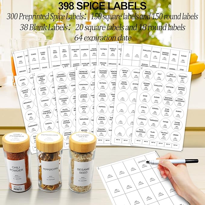 AISIPRIN Glass Spice Jars with 398 Labels-4oz 24 Pcs,Round Seasoning Jars with Bamboo Airtight Lids,Spice Container Set -Shaker Lids, Funnel,Brush and Marker Included-Ruum Studio Home