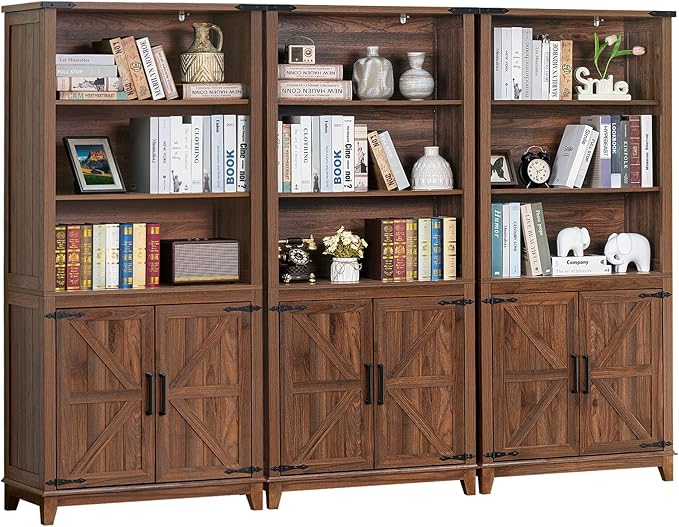 70in Tall Bookshelf 5 Tier Bookcase with Barn Doors and Adjustable Shelves, Brown Farmhouse Book Shelf with Storage Cabinet, Wood Freestanding Display Bookshelves for Bedroom, Kitchen (3PCS)-Ruum Studio Home