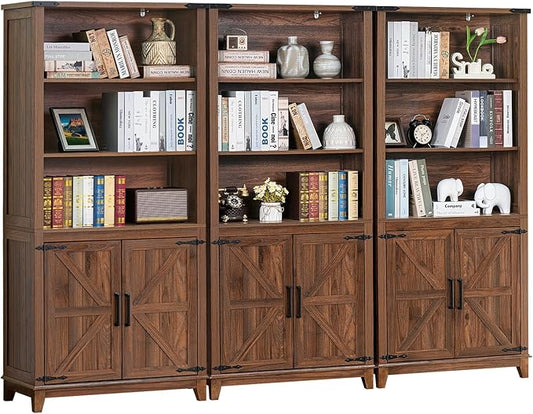 70in Tall Bookshelf 5 Tier Bookcase with Barn Doors and Adjustable Shelves, Brown Farmhouse Book Shelf with Storage Cabinet, Wood Freestanding Display Bookshelves for Bedroom, Kitchen (3PCS)-Ruum Studio Home