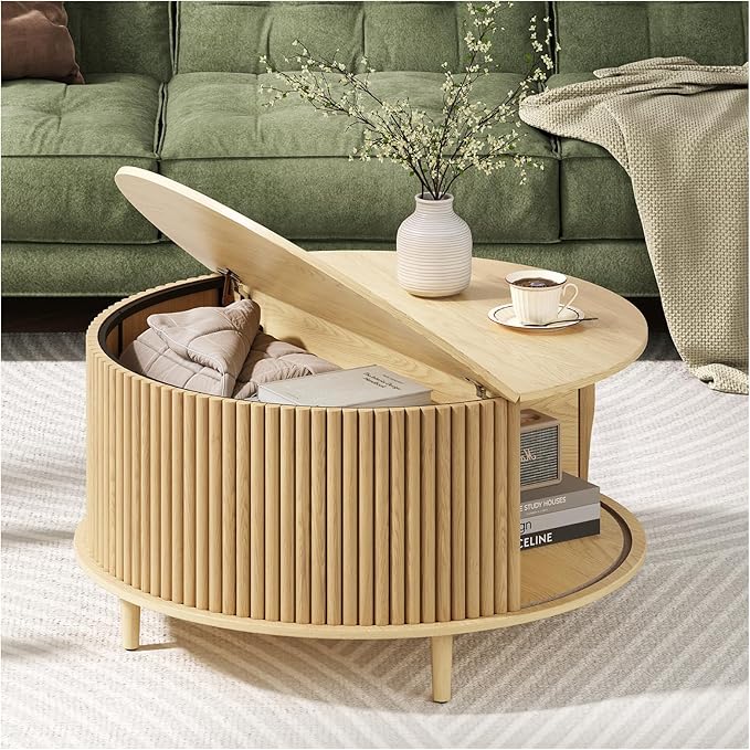 Round Coffee Table with Storage,Mid Century Modern Dining Table with Sliding Cabinet Door for Living Room,Home Small Space,31.5" Small Center Table,Oak-Ruum Studio Home