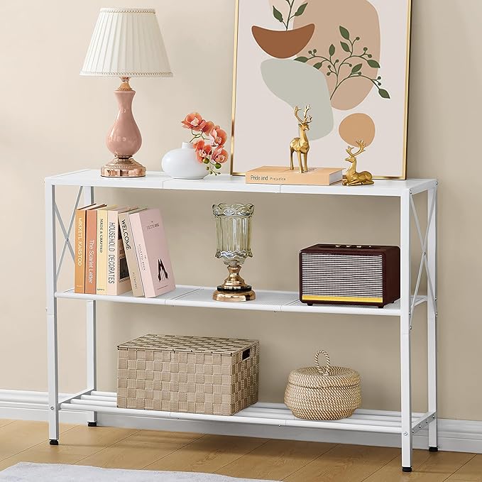 Hoctieon White Industrial Console Table, 3 Tier Entryway Tables, Hallway Desk, Narrow Sofa Tables with Shelves, Entrance Table for Entryway, Living Room, Foyer, Hallway, Office, White-Ruum Studio Home