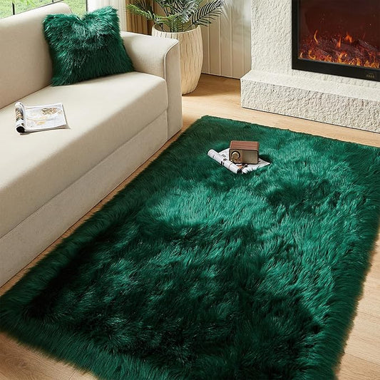 AMTOVO Faux Fur Sheepskin Rug for Living Room, 4 x 6 ft Dark Green Fluffy Area Rug for Bedroom, Playroom, Luxury Room Decor, Rectangle-Ruum Studio Home