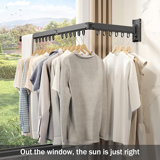 Wall Mounted Clothes Drying Rack - Foldable, Retractable Laundry Hanger with Grey-Rings-Ruum Studio Home