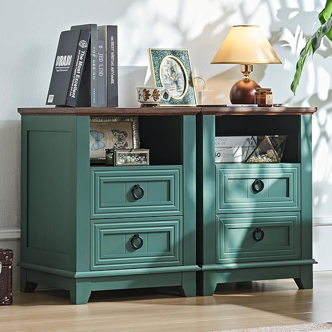 18" Farmhouse Night Stands Set of 2 with Charging Station, 2 Drawers Bedside End Table, Green Wooden Nightstand, Bed Side Table Cabinet with Open Shelf for Bedroom Living Room Office-Ruum Studio Home