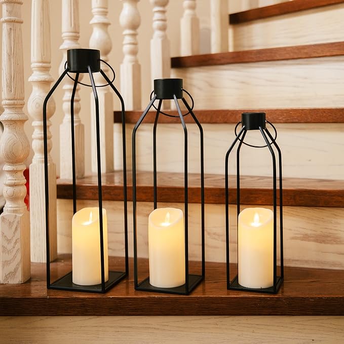 HPC Decor 22'' 19'' 16'' Lanterns Decorative w/Flickering Timer Candles- Tall Large Black Metal Candle Lanterns Set of 3- Modern Farmhouse Decor for Indoor,Outdoor,Tabletop,Porch (No Glass)-Ruum Studio Home