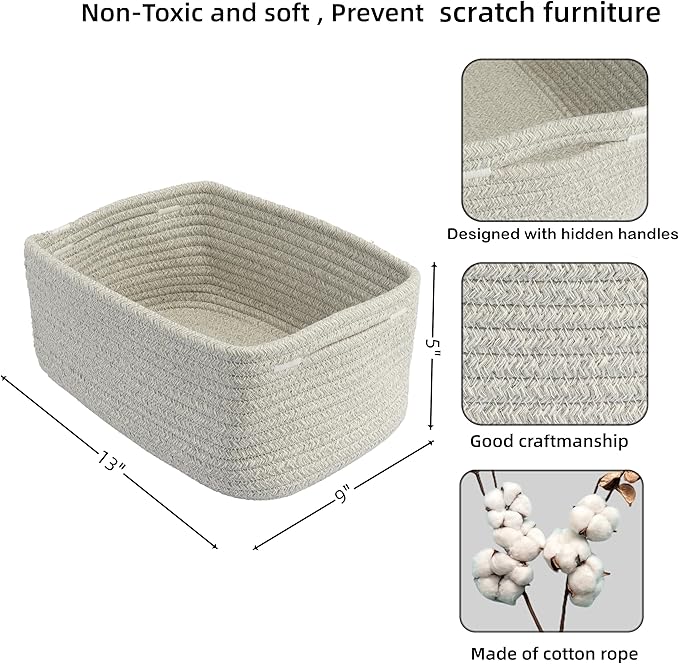 Small Woven Storage Baskets 13“X9”X5“ Decorative Rope Bins for Organizing Shelves, Closets, and Toys, Empty Gift Baskets, Cute Organizer Basket for Home and Office (grey, Large)-Ruum Studio Home