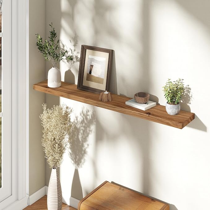 55" Floating Shelves for Wall, Rustic Elm Wood Floating Shelf for Home Decor, Wall-Mounted Display Shelves with Heavy-Duty Bracket, Long Floating Shelf for Bathroom, Kitchen, Natural Color-Ruum Studio Home