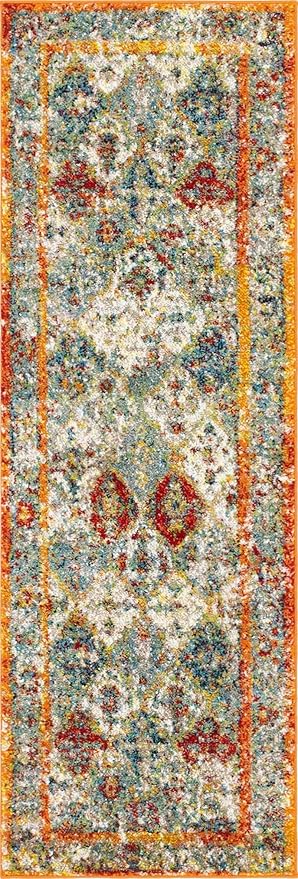 Unique Loom Rosso Collection Vintage, Traditional, Bohemian, Geometric, Distressed, Southwestern Area Rug, 2' 0" x 6' 0", Multi/Orange-Ruum Studio Home