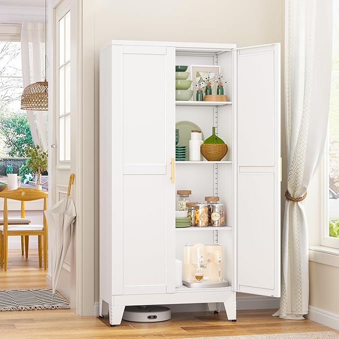 Metal Pantry Cabinet, Kitchen Pantry Storage Cabinets with 2 Door and 3 Adjustable Shelves, White Kitchen Pantry Cabinet, Freestanding Cupboard for Dining Room Living Room Bathroom-Ruum Studio Home