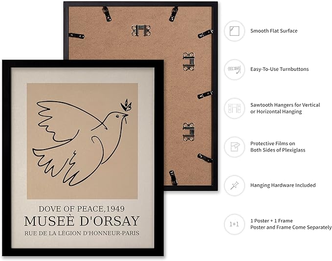Poster Master Vintage Poster - Retro Minimalist Print - Gift for Artist, Friend - Dove Of Peace, Line Drawing, Sketch, Abstract - Wall Decor for Living Room, Bedroom, 8x10 Black Framed-Ruum Studio Home