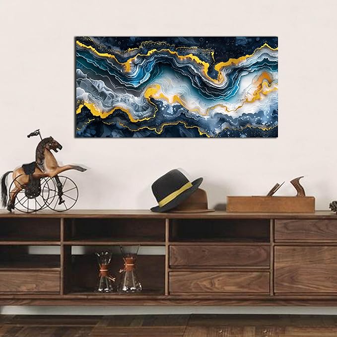 GUGIKA Abstract Wall Art for Living Room, Gold Black and Blue Canvas Wall-Art for Bedroom, Ocean Landscape Print Paintings, Size 40x20 Inches-Ruum Studio Home