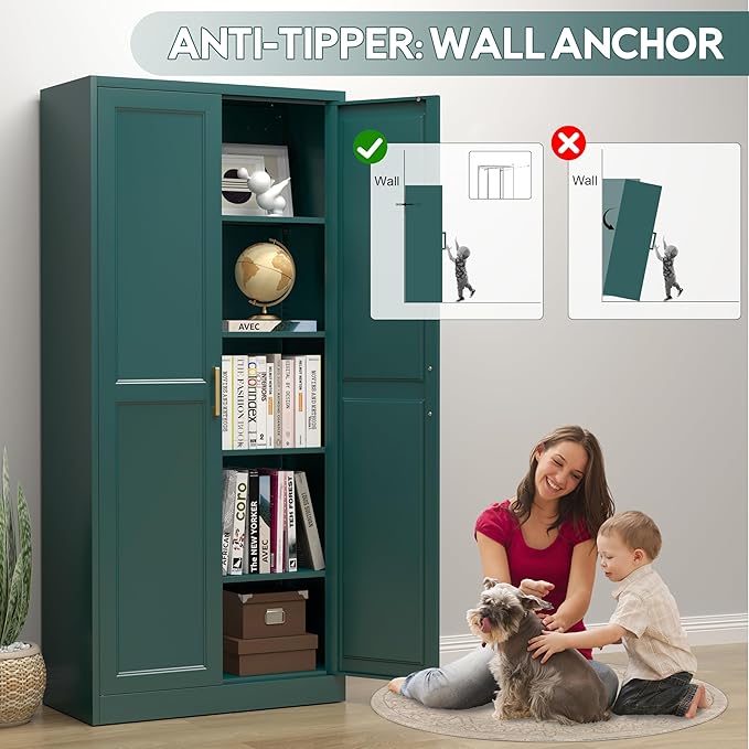 71" Storage Cabinet, Metal Pantry Cabinet, Kitchen Pantry Storage Cabinets with Doors and 4 Shelves, Cabinets for Laundry Room, Living Room, Dinning Room, Assembly Required, Green-Ruum Studio Home