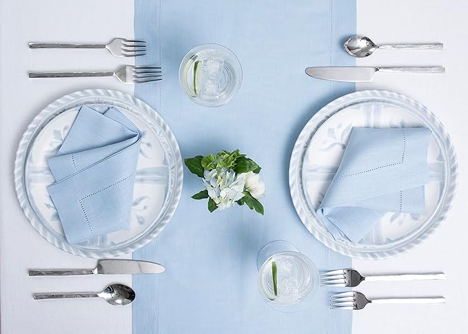 Solino Home Linen Sky Blue Table Runner 120 Inches Long - 100% Pure Linen Hemstitch 14 x 120 Inch Table Runner for Dining - Classic Hemstitch-Ruum Studio Home
