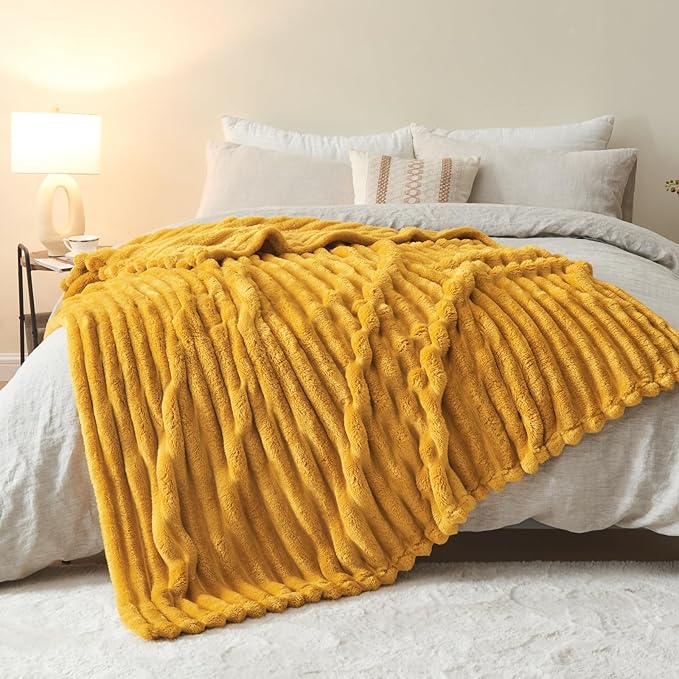 NEWCOSPLAY Super Soft Throw Blanket Mustard Yellow Premium Silky Flannel Fleece 3D Ribbed Jacquard Lightweight Bed Blanket All Season Use (Mustard Yellow Ribbed, Throw(50"x60"))-Ruum Studio Home