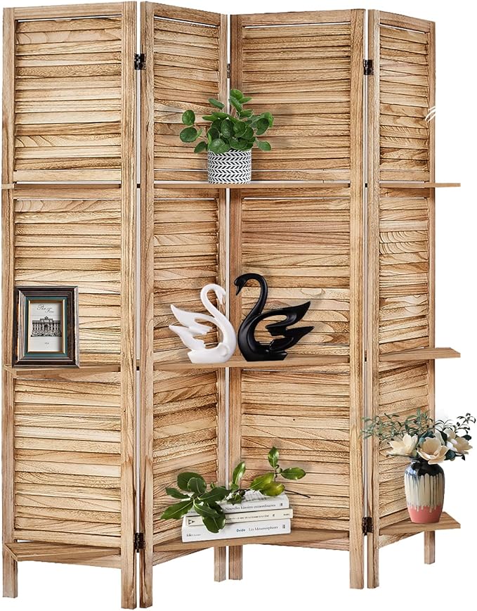 Room Divider with Shelves, Privacy Screen, Room Dividers and Folding Privacy Screens, 4 Panel Wood Temporary Wall Partition Separation Separator, Natural-Ruum Studio Home