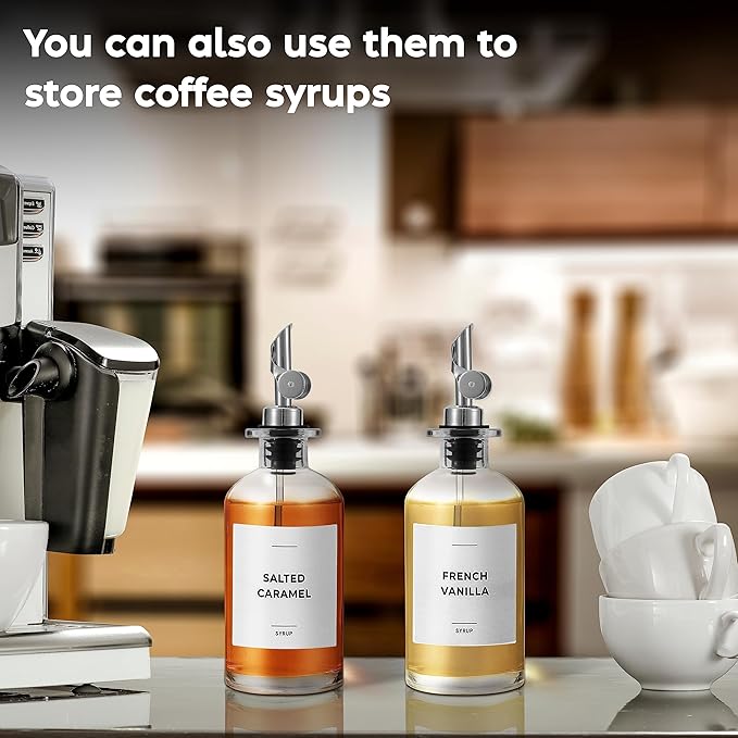Olive Oil Dispenser Bottle - Includes 55 Kitchen Essential Labels - Cooking Oil Bottles for Kitchen, Coffee Syrup Dispenser - Pourer Spout with 11.8 fl oz Glass Container Cruet - 4pcs Silver-Ruum Studio Home