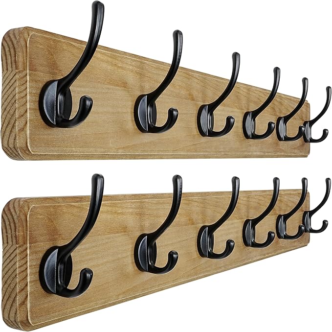 Dseap Wall Mounted Coat Rack: 24" Long, Patented, Heavy-Duty, 6-Double-Hooks Wooden Hanger Rail for Winter Coats, Hat, Jacket, Clothing - Weathered Brown, Pack of 2-Ruum Studio Home