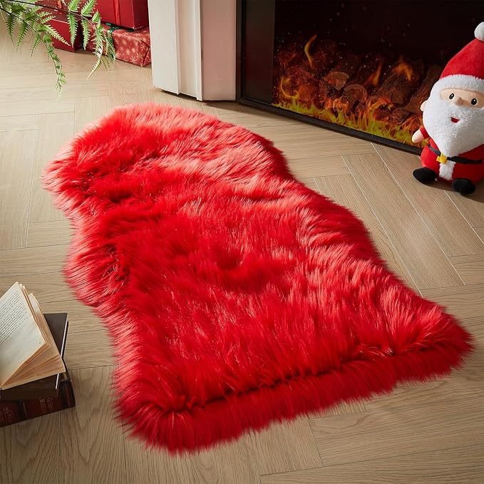 AMTOVO Faux Fur Rug, Red Area Rug, Fluffy Sheepskin Rug, Fuzzy Ultra Soft 2 x 4 ft Shag Rugs for Bedroom Sofa Throw Cushion Room Decor, Sheepskin-Ruum Studio Home