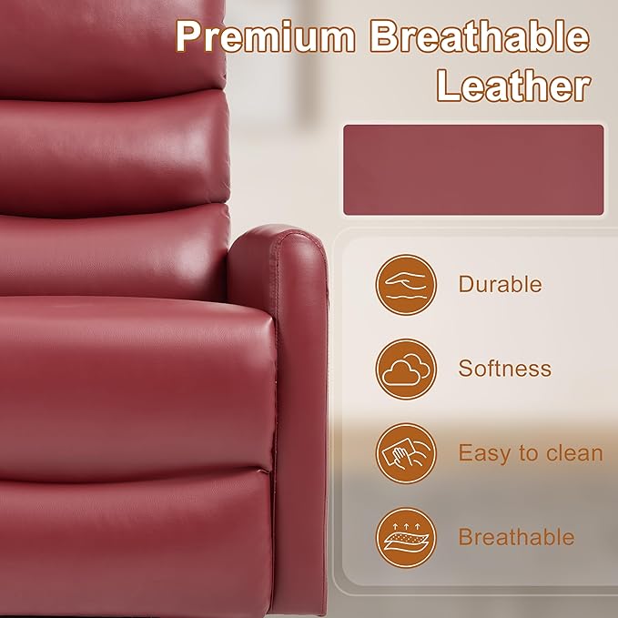 Manual Swivel Rocker Recliner Chair for Adults, Overstuffed Reclining Glider Chair for Nursing with Vibration Massage & Heat, Living Room Rocking Recliner 3-Stage backrest, Faux Leather Red-Ruum Studio Home
