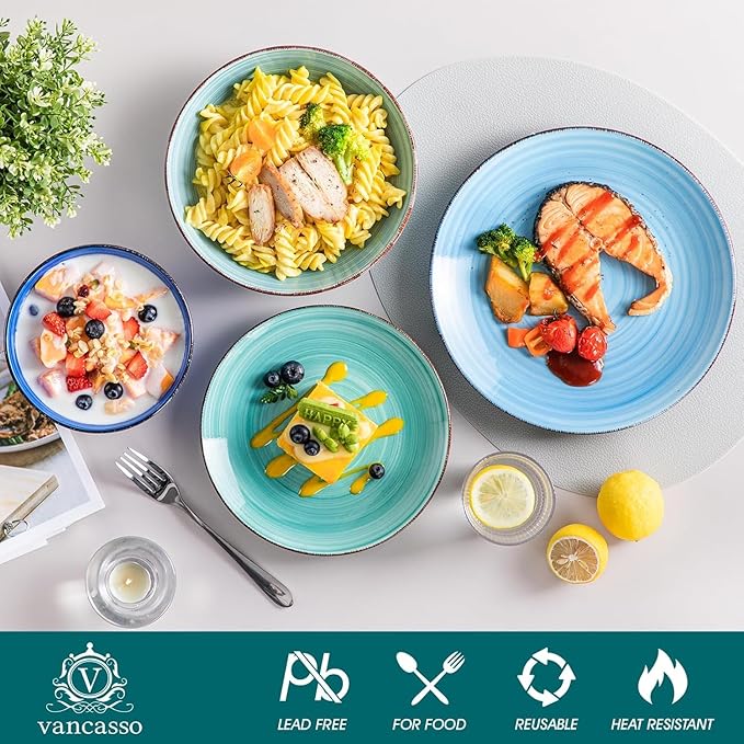 vancasso Bonita Dinnerware Set 24 Pieces Blue Stoneware Service for 6, Handpainted Spirals Pattern Stoneware Combination Set-Ruum Studio Home