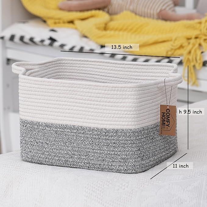 COMFY-HOMI 3-Pack Cotton Rope Woven Basket with Handles for Shelves, Book, Cloth Basket|Dog Toy Basket for Organizingy|13.5" x 11" x 9.5" for Bedroom（White/Grey）-Ruum Studio Home