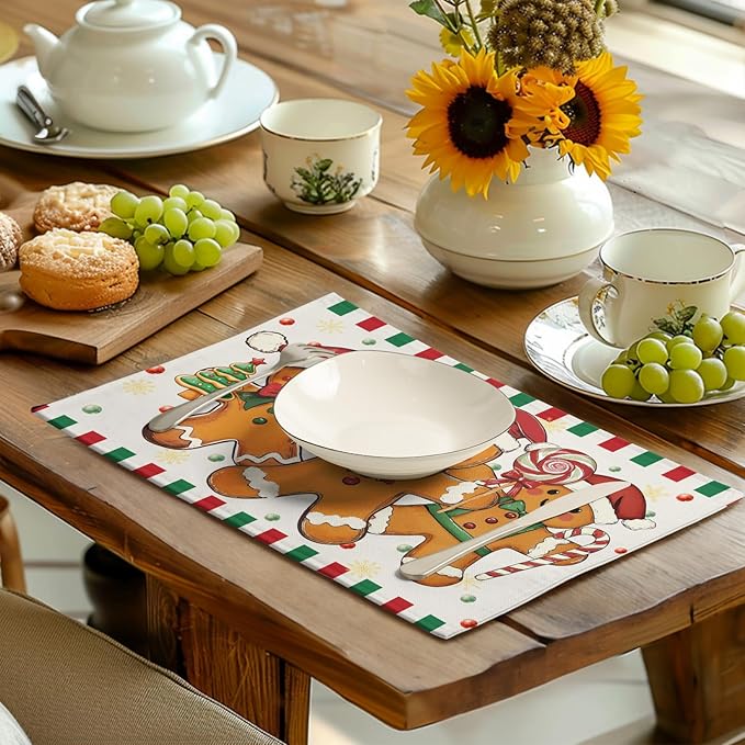 Gingerbread Man Christmas Placemats Set of 4 Candy Cane Xmas Seasonal Holiday Linen Table Mats Red Green Orange Winter Washable Place Mats for Party Kitchen Dining Outdoor Indoor Decor-Ruum Studio Home