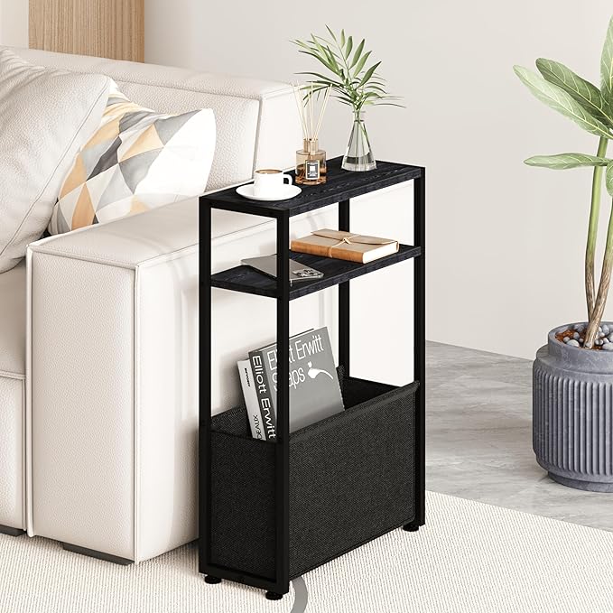 Black Side Table, Slim Side Table with Magazine Rack, Bathroom Table for Small Spaces, Narrow Bedside Table for Living Room, Bedroom-Ruum Studio Home