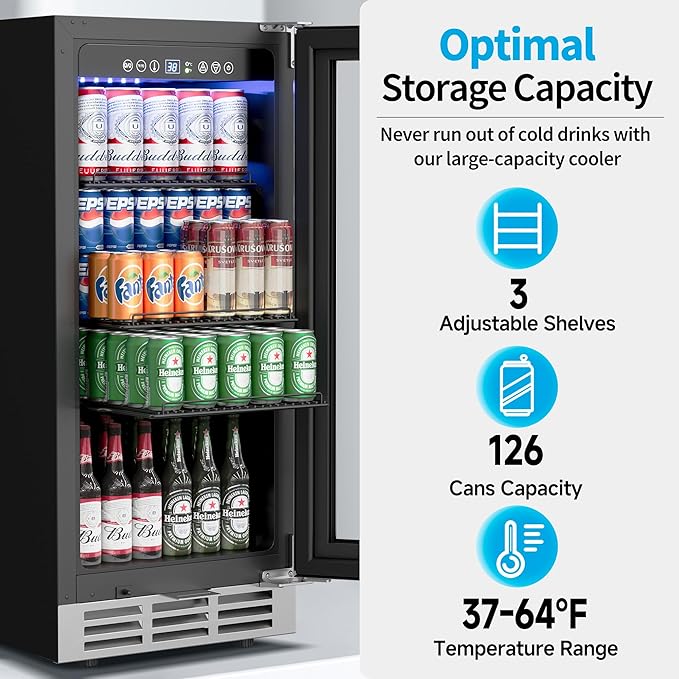 15 Inch Beverage Refrigerator Under Counter - 126 Cans Beverage Fridge with Glass Door for Beer Wine Soda - Built-in or Freestanding Wine Cooler with Safety Lock for Home Kitchen Bar-Ruum Studio Home