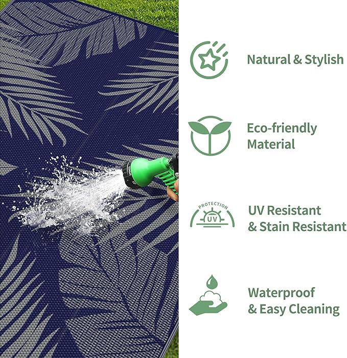 GENIMO Outdoor Rug 2.5' x 8' Waterproof for Patios Clearance, Reversible Outdoor Plastic Straw Camping Rug Carpet, Large Area Rugs Mats for RV, Camper, Deck, Balcony, Porch, Beach, Picnic, Blue&Grey-Ruum Studio Home