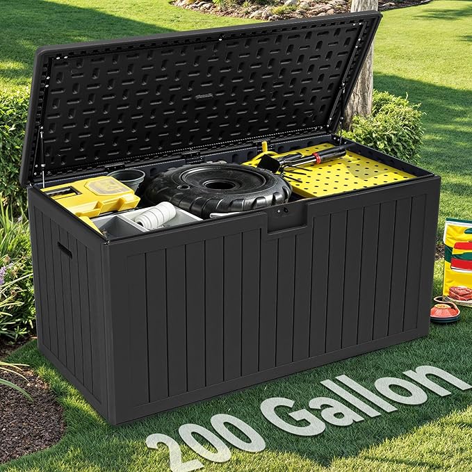 YITAHOME 200 Gallon Extra Large Deck Box, Double-Wall Resin Outdoor Storage Box with Flexible Divider for Patio Cushions Pool Supplies Garden Tools, 990 lbs Load Capacity, Lockable (Black)-Ruum Studio Home