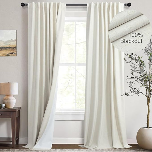 Elegant 100% Blackout Curtains 92 Inches Long for Living Room 2 Panels Set Room Darkening Energy Saving Curtains Window Coverings Cream Flax Linen Back Tab Pleated Drapes Aesthetic Bedroom 92 Length