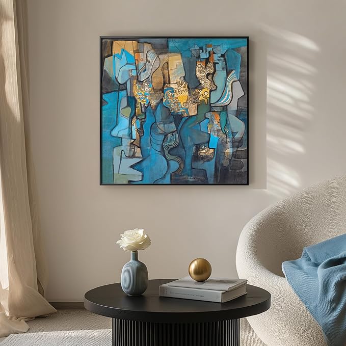 Large Framed Blue Modern Abstract Wall Art for Living Room, Canvas Paintings Artwork for Walls, Minimalist Art Prints Pictures for Hallway Bedroom Office Wall Decor -30x30 Inch-Ruum Studio Home