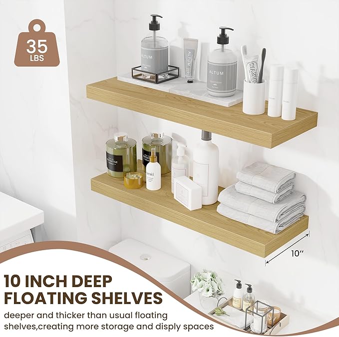 Fun Memories 32 x 10 Floating Shelves Wall-Mounted - Rustic Wood Shelf - 10 Inch Deep Floating Shelves for Wall - Large Storage Shelf for Bathroom - Kitchen & Bedroom - Oak - Set of 2-Ruum Studio Home