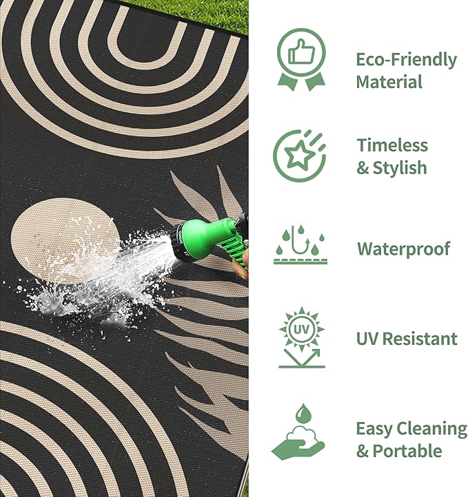 GENIMO Outdoor Rug 8' x 10' Waterproof for Patio Clearance, Reversible Lightweight Plastic Straw Camping Carpet, Large Area Rugs Mats for Rv, Backyard, Deck, Porch, Picnic, Balcony, Mix-Black & Beige-Ruum Studio Home