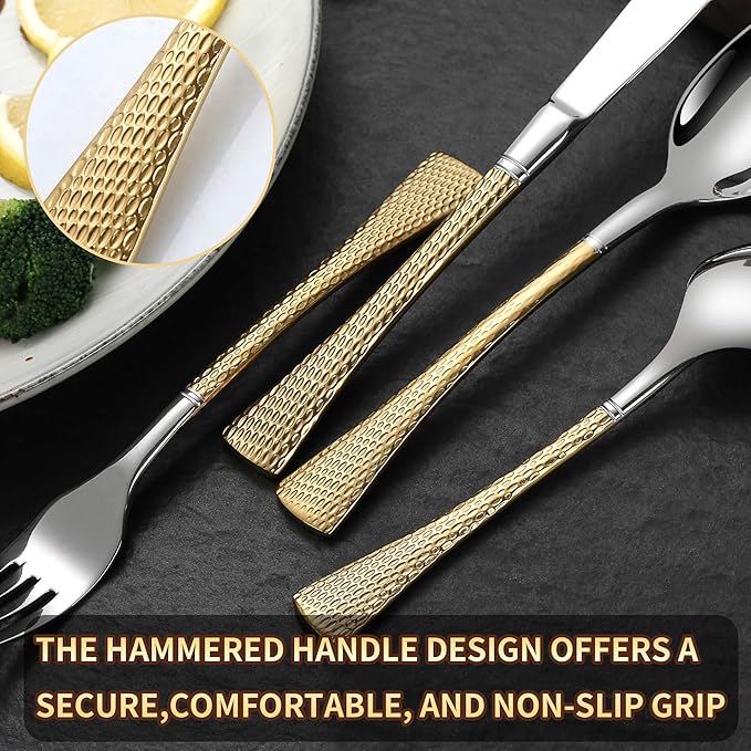 Hammered Silver Gold Silverware Set for 8,Stainless Steel 40-Piece Modern Cutlery Set,Mirror Polished Heavy Duty Flatware Set Utensil Set,Knives Spoons and Forks Set,Dishwasher Safe-Ruum Studio Home