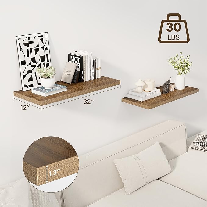 32" Floating Shelves for Wall, 12" Deep Slim Walnut Floating Shelves, Wall-Mounted Shelves for Bedroom, Living Room, Kitchen, Bathroom - Set of 2-Ruum Studio Home